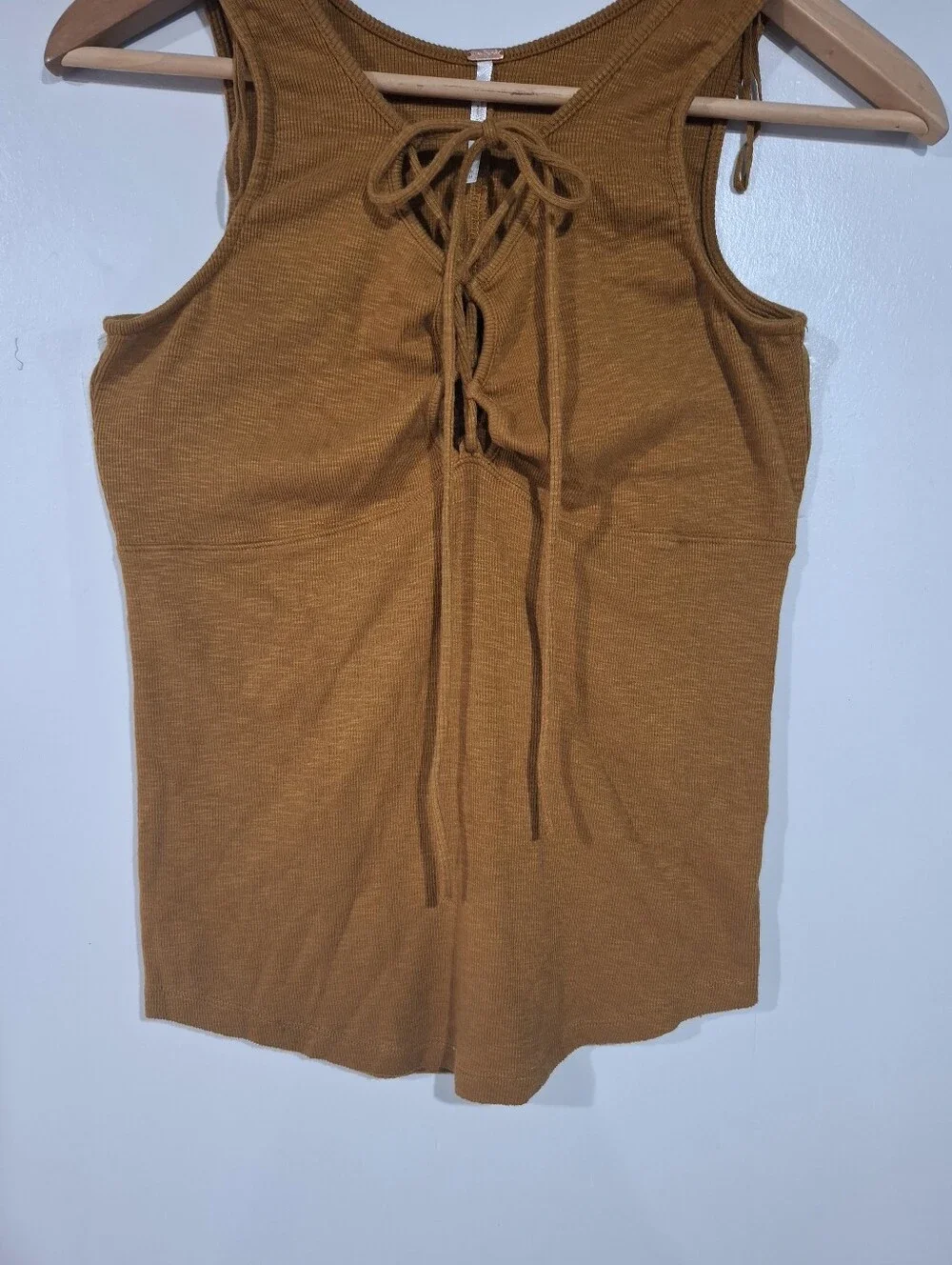 Free People Lace-Up Ribbed Tank Top - Rust Brown Sz M Babydoll Boho